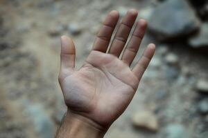 Close-up of an open human hand against a blurred rocky background, showcasing skin texture photo