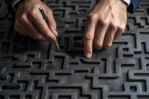 A businessman skillfully navigating a complex maze design with a pen, showcasing strategy photo