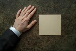 Elegant hand resting beside a blank square note on a textured surface, creating a minimalist scene photo