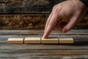 A hand gently pressing down on wooden blocks arranged in a row on a rustic table photo