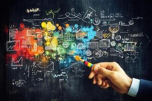 Creative hand drawing colorful graphs and charts on a blackboard with business insights photo