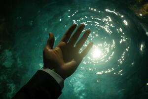 A hand reaching towards the shimmering surface of water, capturing a serene moment photo