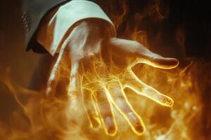A businessman conjuring flames with an illuminated hand, showcasing power and intensity photo