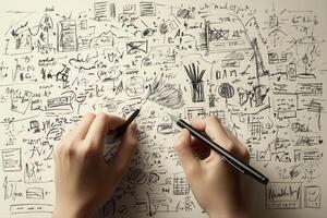 Creative brainstorming session with hands sketching ideas on a cluttered notepad filled with doodles photo