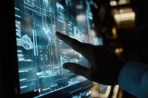 A hand interacting with a futuristic touchscreen display showcasing technical schematics photo