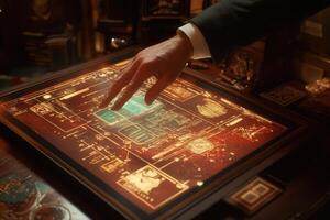 A businessman interacts with a futuristic touchscreen interface displaying complex data photo