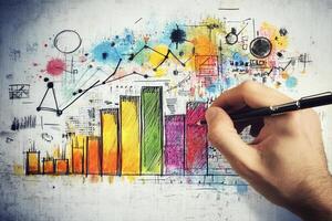 Colorful hand-drawn graphs and charts illustrating data analysis and trends on a textured background photo