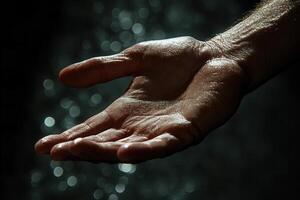 Close-up of a wet hand reaching out, with shimmering water droplets in the background photo