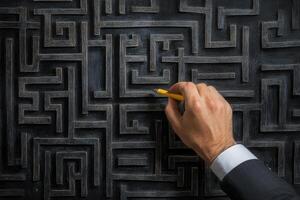 A businessman navigating a complex maze with a pencil, symbolizing problem-solving skills photo