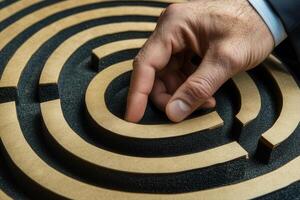 A businessman navigating a labyrinth with a focused hand gesture, symbolizing problem-solving photo