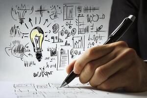 Creative brainstorming session with hand sketching ideas on paper, light bulb concept in background photo