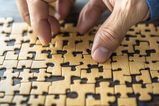 Close-up of hands assembling a wooden puzzle on a table, showcasing focus and precision photo