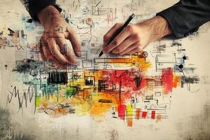 Creative hands sketching colorful designs and graphics on a textured paper surface photo