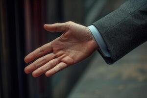 Elegant hand gesture of a suited individual reaching out in a blurred urban background photo