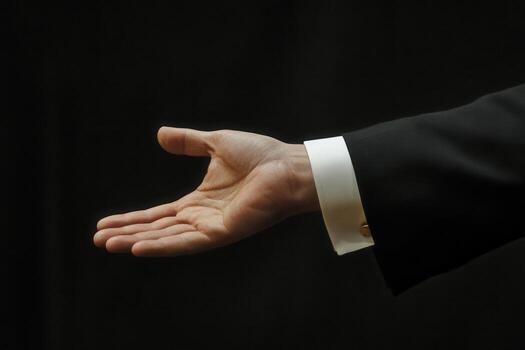 Elegant hand gesture in a formal setting, showcasing readiness to engage or offer assistance photo