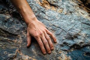 A climber's hand gripping a rocky surface during an ascent in a scenic outdoor landscape photo
