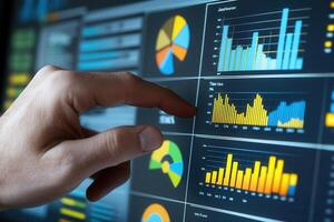 A close-up of a hand interacting with a digital dashboard displaying colorful data visualizations photo