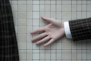 A mannequin hand reaching out from behind a tiled wall, creating an eerie atmosphere photo