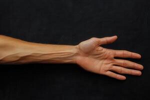 Close-up of a human hand with visible veins against a dark background, showcasing anatomy photo