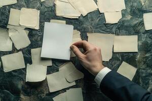 A hand holding a blank card over a scattered arrangement of old, faded papers on a textured surface photo