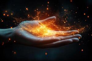A human hand gently cradles glowing sparks of light, symbolizing creativity and inspiration photo