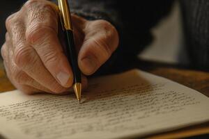 Close-up of a person's hand writing on a piece of paper with a pen, capturing a thoughtful moment photo