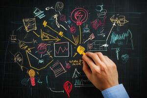 Creative brainstorming session with hand drawing colorful ideas on a chalkboard photo