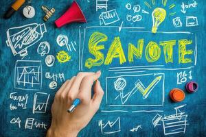 Creative workspace with hand drawing business charts and notes on a blue background photo