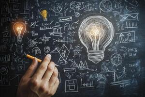 Creative brainstorming session with light bulbs and sketches on a chalkboard photo