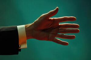 Elegant hand gesture of a business professional against a teal background, symbolizing invitation photo