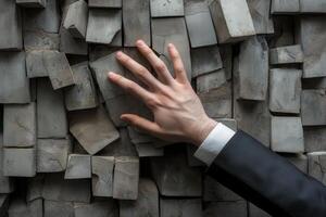 Elegant hand reaching out to textured gray wall, showcasing modern design and contrast photo