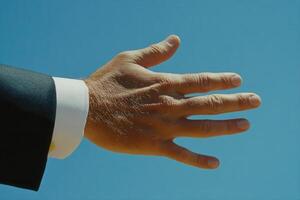 Elegant hand gesture against a clear blue sky, symbolizing openness and communication photo