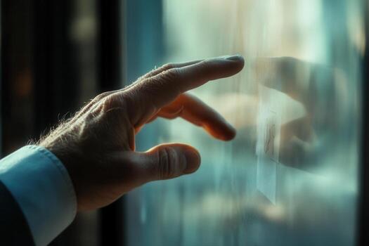 A close-up of a hand reaching out to touch a smooth glass surface, reflecting light photo