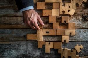 A hand assembling wooden puzzle pieces on a rustic wooden table, showcasing problem-solving skills photo