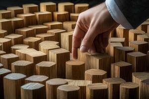 A hand delicately interacts with a textured wooden puzzle, showcasing focus and precision photo