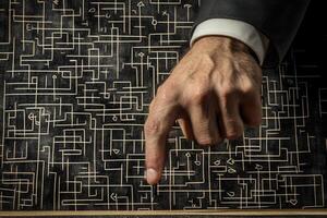 A business professional's hand pointing at a complex maze design on a dark surface photo