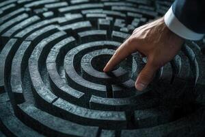 A business professional navigating a complex maze with a focused hand gesture in a dark setting photo