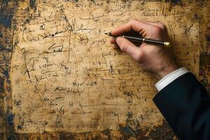 A hand holding a pen writes on an ancient parchment filled with intricate notes and sketches photo