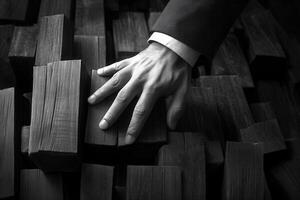 A business professional's hand resting on a stack of wooden blocks in a monochrome setting photo