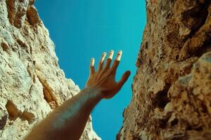 A hand reaching towards the bright blue sky from between rocky canyon walls, symbolizing hope photo