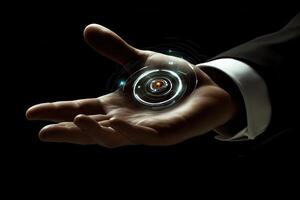 Futuristic hand holding a glowing holographic orb, symbolizing technology and innovation photo