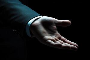 Outstretched hand in a formal suit against a dark background, symbolizing invitation photo