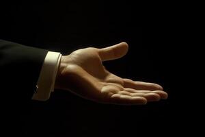 Elegant outstretched hand in formal attire against a dark backdrop, symbolizing invitation photo