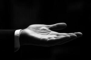 Open hand gesture in black and white, showcasing elegance and readiness in a dark setting photo