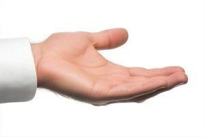 Open hand gesture presenting an invitation, against a plain white background photo
