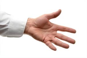 Open hand gesture against a white background, symbolizing welcome or invitation photo