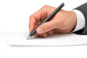 Professional hand holding a pen poised to write on blank paper, symbolizing business communication photo