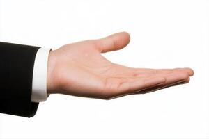 Open hand gesture in a business setting, symbolizing offering or collaboration photo