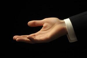 Elegant outstretched hand in a formal suit against a dark background, symbolizing invitation photo
