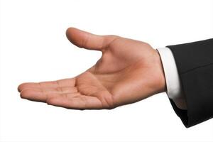 Open hand gesture in a business setting, symbolizing welcome or agreement, with a plain background photo